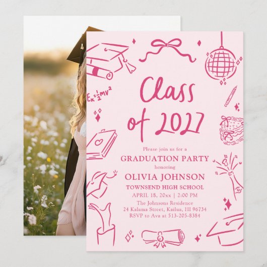 Modern Hand Drawn Class of 2027 Graduation Party 招待状 (正面/裏面)