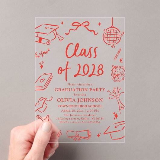 Modern Hand Drawn Class of 2028 Graduation Party アクリル招待状 (インサイチュ (ポータブル))