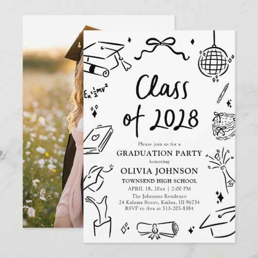 Modern Hand Drawn Class of 2028 Graduation Party 招待状 (正面/裏面)