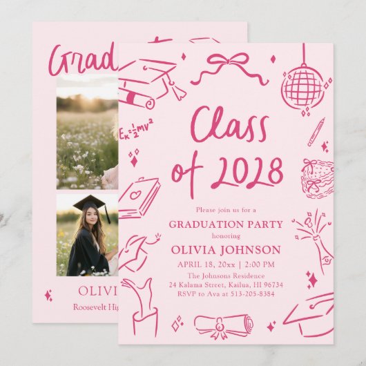Modern Hand Drawn Class of 2028 Graduation Party 招待状 (正面/裏面)