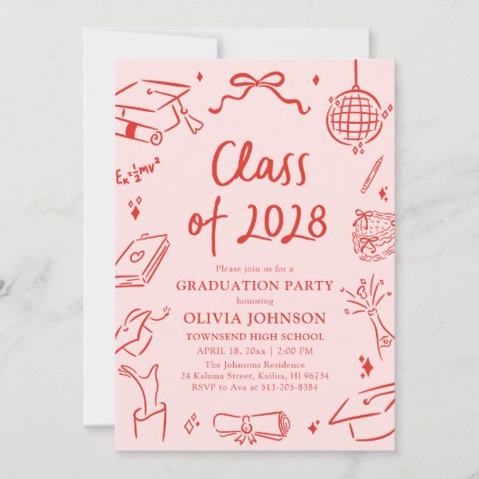 Modern Hand Drawn Class of 2028 Graduation Party 招待状 (正面)