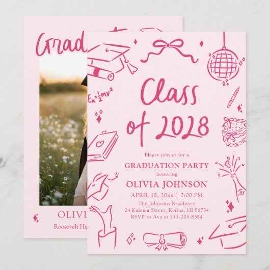 Modern Hand Drawn Class of 2028 Graduation Party 招待状 (正面/裏面)