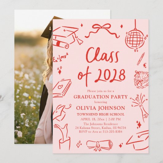 Modern Hand Drawn Class of 2028 Graduation Party 招待状 (正面/裏面)
