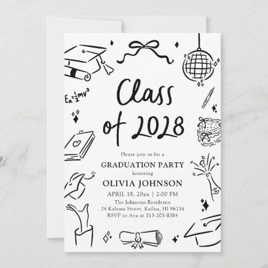Modern Hand Drawn Class of 2028 Graduation Party 招待状 (正面)