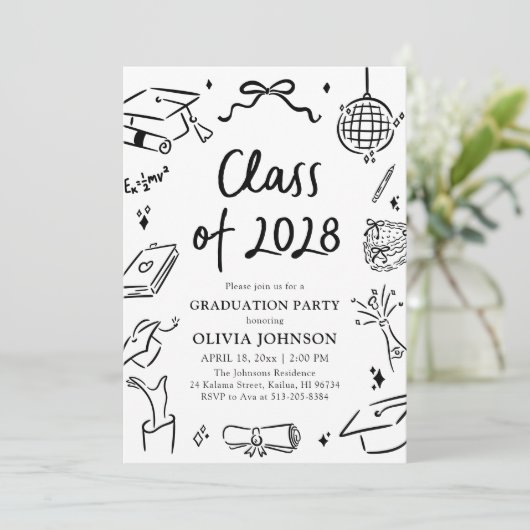 Modern Hand Drawn Class of 2028 Graduation Party 招待状 (スタンド正面)