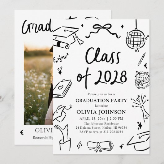 Modern Hand Drawn Class of 2028 Graduation Party 招待状 (正面/裏面)