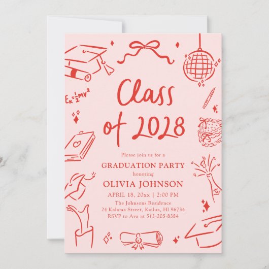 Modern Hand Drawn Class of 2028 Graduation Party 招待状 (正面)