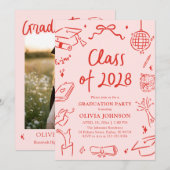 Modern Hand Drawn Class of 2028 Graduation Party 招待状 (正面/裏面)
