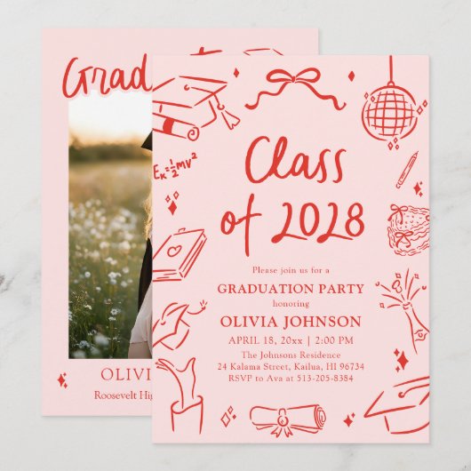 Modern Hand Drawn Class of 2028 Graduation Party 招待状 (正面/裏面)