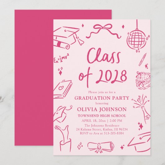 Modern Hand Drawn Class of 2028 Graduation Party 招待状 (正面/裏面)