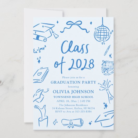 Modern Hand Drawn Class of 2028 Graduation Party 招待状 (正面)