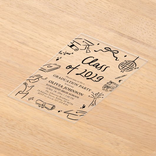 Modern Hand Drawn Class of 2029 Graduation Party アクリル招待状 (レイダウン)