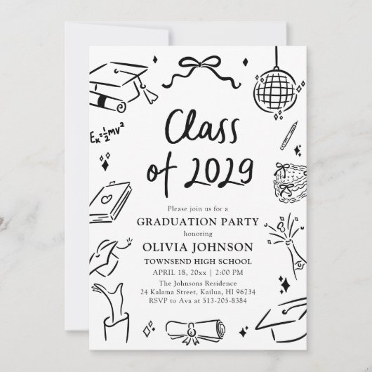 Modern Hand Drawn Class of 2029 Graduation Party 招待状 (正面)