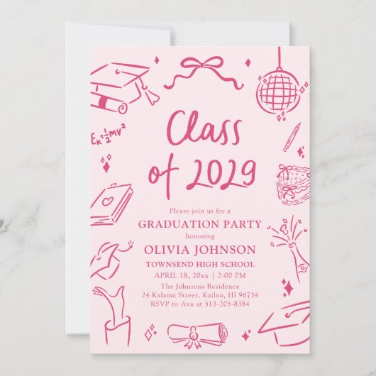 Modern Hand Drawn Class of 2029 Graduation Party 招待状 (正面)