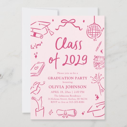 Modern Hand Drawn Class of 2029 Graduation Party 招待状 (正面)