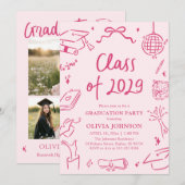 Modern Hand Drawn Class of 2029 Graduation Party 招待状 (正面/裏面)