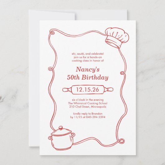 Modern Hand Drawn Cooking Class Red Birthday 招待状 (正面)