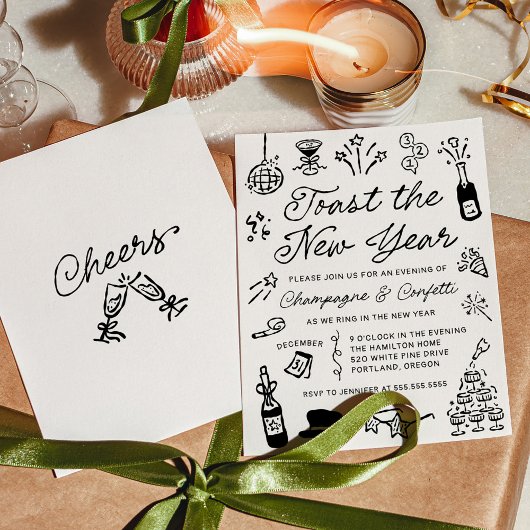 Modern Hand Drawn Doodle New Year’s Eve Party 招待状