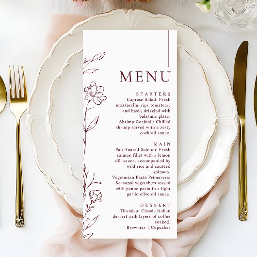 Modern Hand Drawn Floral Burgundy Wedding Dinner メニュー