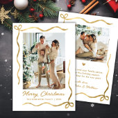Modern Hand Drawn Gold Bow 2 Photo Merry Christmas シーズンカード