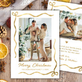 Modern Hand Drawn Gold Bow 2 Photo Merry Christmas シーズンカード