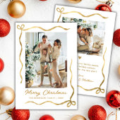 Modern Hand Drawn Gold Bow 2 Photo Merry Christmas シーズンカード