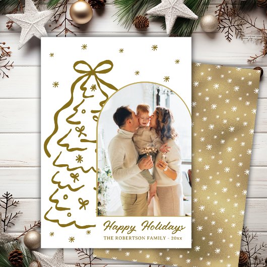 Modern Hand-Drawn Gold Christmas Tree Arch Photo シーズンカード