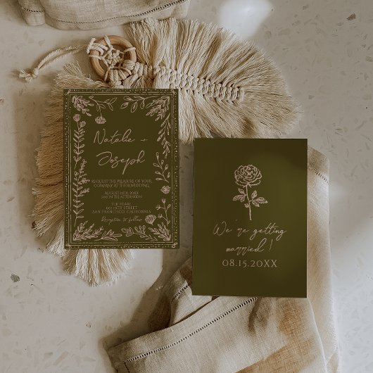 Modern Hand Drawn Grasslands Floral Garden Wedding 招待状