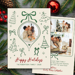 Modern Hand-Drawn Green Bows Photo Christmas Happy シーズンカード