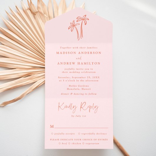Modern Hand-Drawn Palm Trees Pink Wedding オールインワン招待状