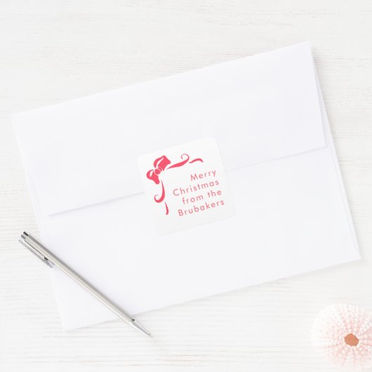 Modern Hand Drawn Red Bow Personalized Christmas スクエアシール (封筒)