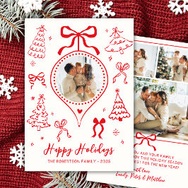 Modern Hand-Drawn Red Bows Photo Christmas Happy シーズンカード