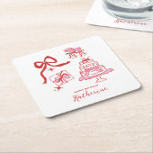 Modern Hand Drawn Red Pink Birthday Doodles Party スクエアペーパーコースター (アングル)