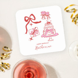 Modern Hand Drawn Red Pink Birthday Doodles Party スクエアペーパーコースター