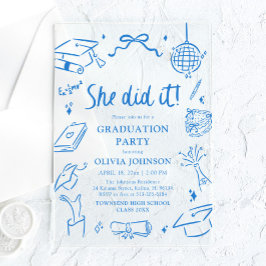 Modern Hand Drawn She did it Blue Graduation Party アクリル招待状