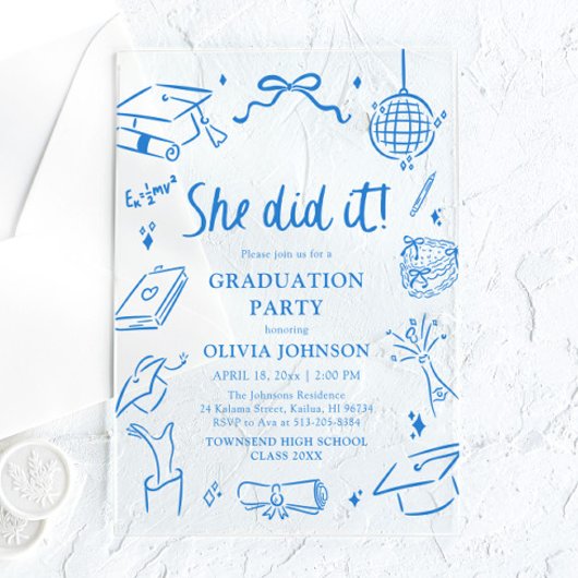 Modern Hand Drawn She did it Blue Graduation Party アクリル招待状