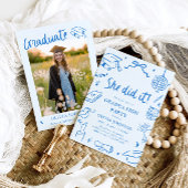 Modern Hand Drawn She did it Blue Graduation Party 招待状