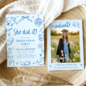 Modern Hand Drawn She did it Blue Graduation Party 招待状