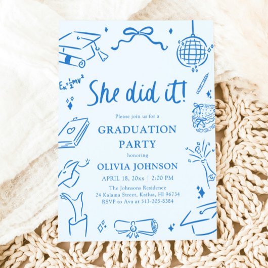 Modern Hand Drawn She did it Blue Graduation Party 招待状