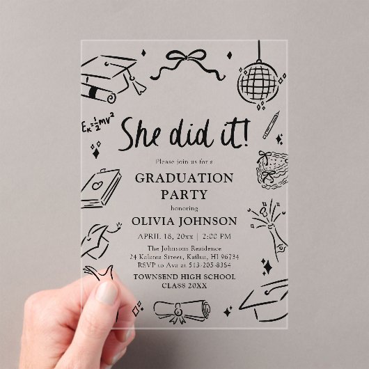 Modern Hand Drawn She did it Graduation Party アクリル招待状 (インサイチュ (ポータブル))