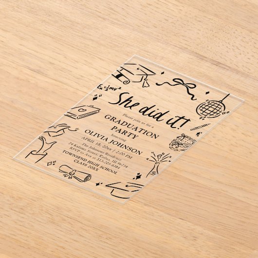 Modern Hand Drawn She did it Graduation Party アクリル招待状 (レイダウン)