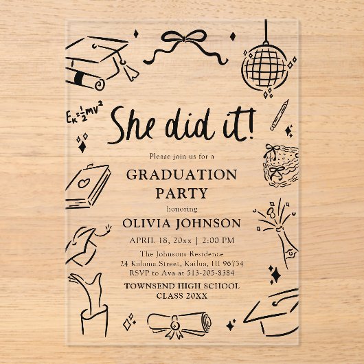 Modern Hand Drawn She did it Graduation Party アクリル招待状 (正面)