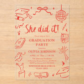 Modern Hand Drawn She did it Graduation Party アクリル招待状 (正面)