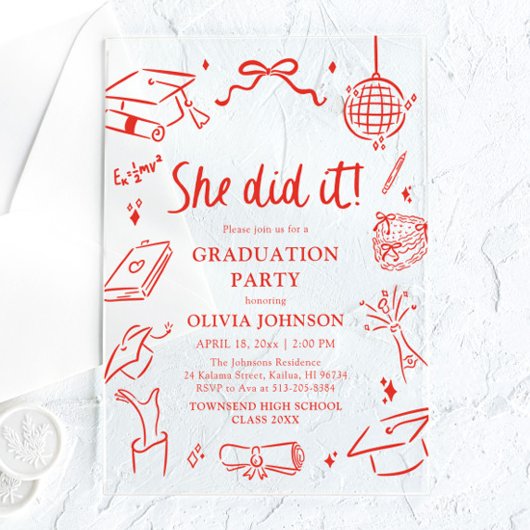 Modern Hand Drawn She did it Graduation Party アクリル招待状