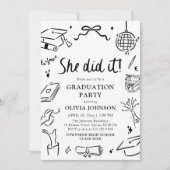 Modern Hand Drawn She did it Graduation Party 招待状 (正面)