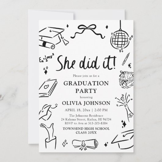 Modern Hand Drawn She did it Graduation Party 招待状 (正面)