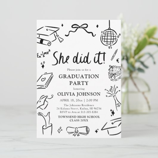 Modern Hand Drawn She did it Graduation Party 招待状 (スタンド正面)
