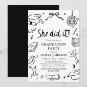 Modern Hand Drawn She did it Graduation Party 招待状 (正面/裏面)