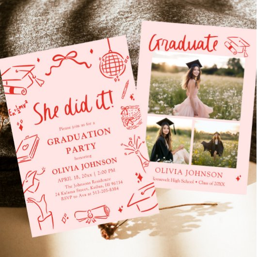 Modern Hand Drawn She did it Graduation Party 招待状