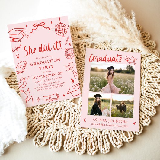 Modern Hand Drawn She did it Graduation Party 招待状